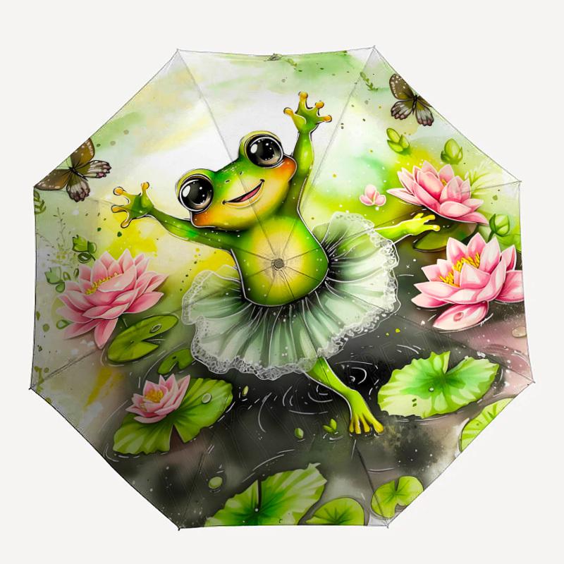 

1pc frog ballet Pattern Small Travel Compact Windproof Umbrella, Automatic Folding Umbrella, Automatic Open/Close ,Gift-125