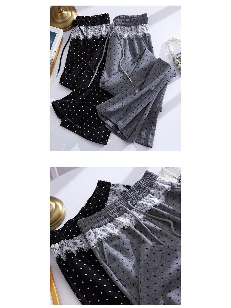 Women's High Waist Polka Dot Wide Leg Pants with Lace Trim - 2025 Spring Collection