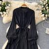 Frenchic Vintage Maxi Dress Women Stand Collar Lantern Sleeve Lace-up Female A-line Elegant Dresses Spring Autumn