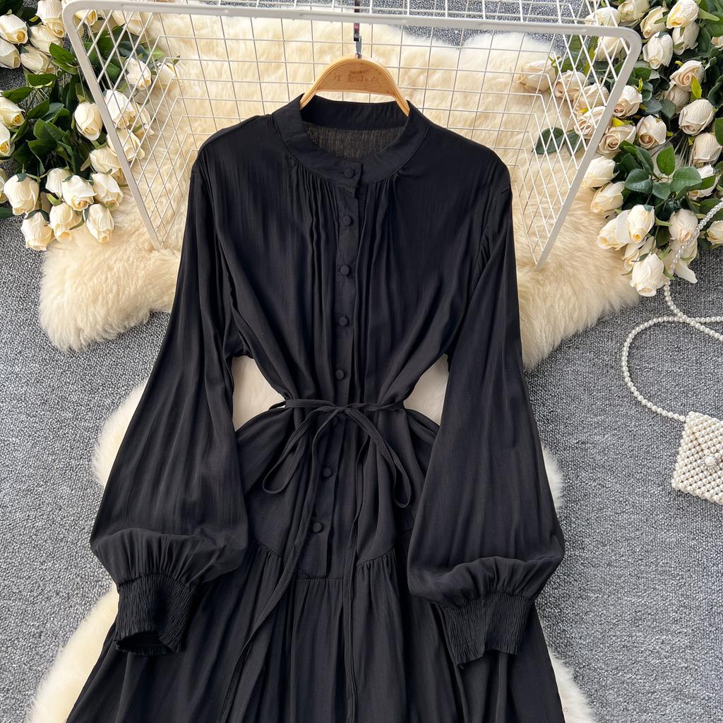 Frenchic Vintage Maxi Dress Women Stand Collar Lantern Sleeve Lace-up Female A-line Elegant Dresses Spring Autumn