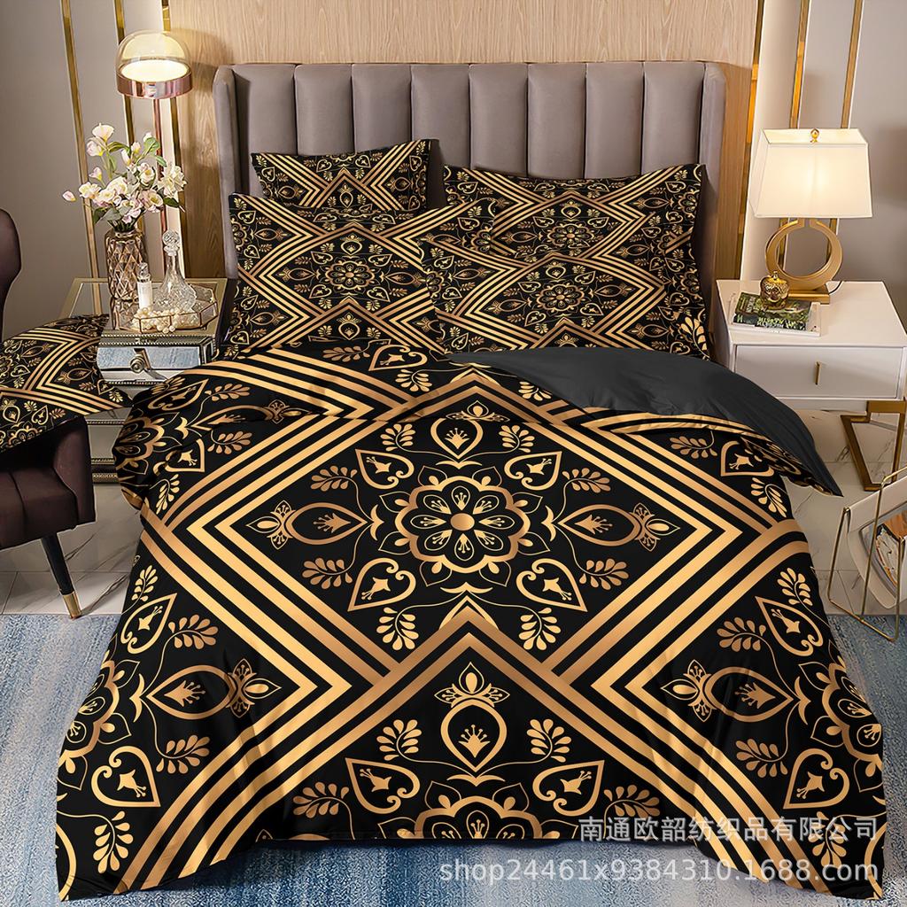 3D Printing Bronzing Retro Pattern Light Luxury Bedding Quilt Cover Three-Piece Set Fba M