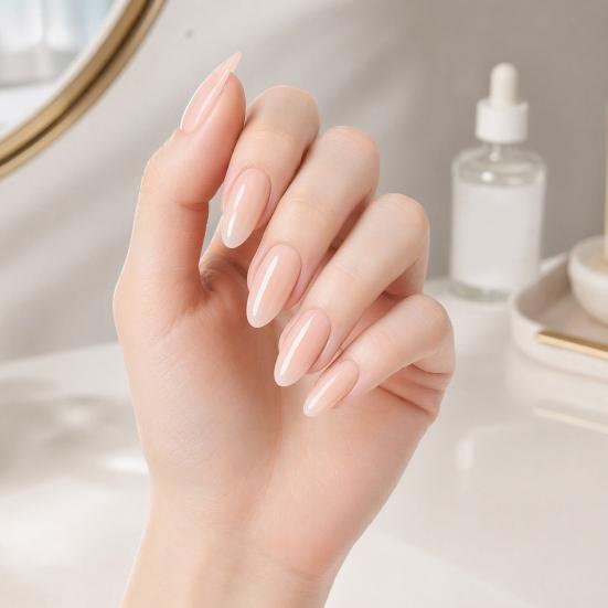 24Pcs Women Nude Press on Nails, Natural Glossy Almond Stick-on Fake Nails, Full Cover Long Glue on False Nails
