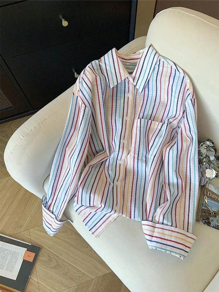 Autumn New Arrivals Charming Striped Women s Shirt Long-Sleeved Button-Down Style Casual Loose-Fit Top S разноцветный