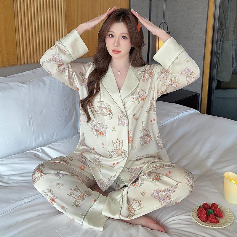 1011 new pajamas women's spring and autumn thin ice silk long-sleeved trousers suit can be worn outside, high-end light luxury home
