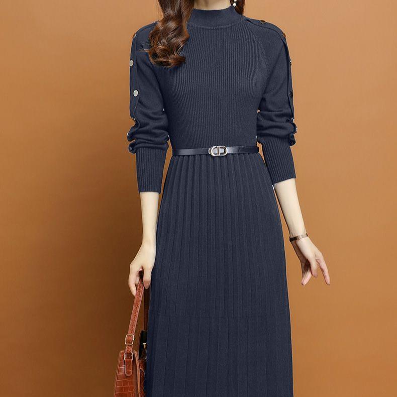 Autumn and Winter Innerwear Dresses Women's Long-sleeved Mid-length Knitted Dress Base Casual Sweater Dress Pullover