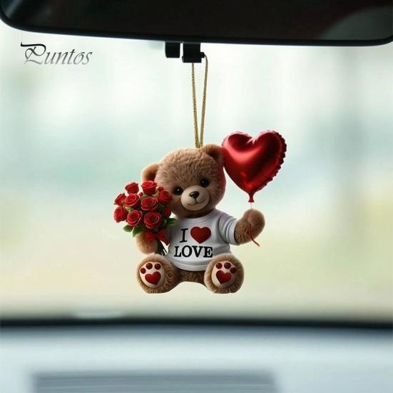 Vielseitiges Innenraum-Deko-Teddybär-Hängeornament, Mit Herzballon, Rote Rosenstrauß-Dekoration, Kleines romantisches Andenken für Auto-Rückspiegel