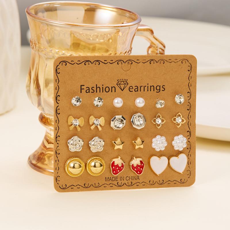 12 Pairs Combination Stud Earrings For Women Girl Moon Star Flower Pearl Zircon Heart Mini Earring Party Personality Jewelry