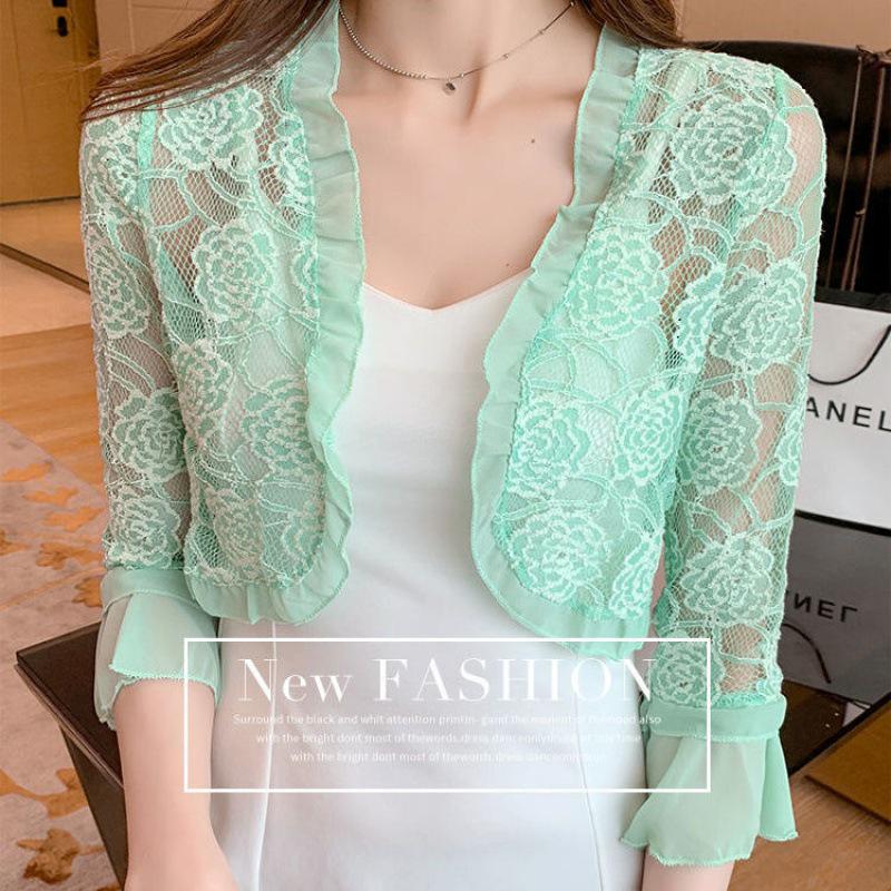 

Женский ультратонкий шифоновый кружевной кардиган-шаль - Летняя защита от солнца и накидка для кондиционера 2XL (125-135 jin) зелёный