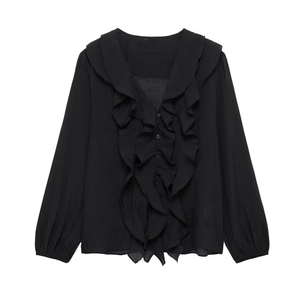 2025 Spring/Summer Women's Slim Fit V-Neck Shirt with Layered Decoration