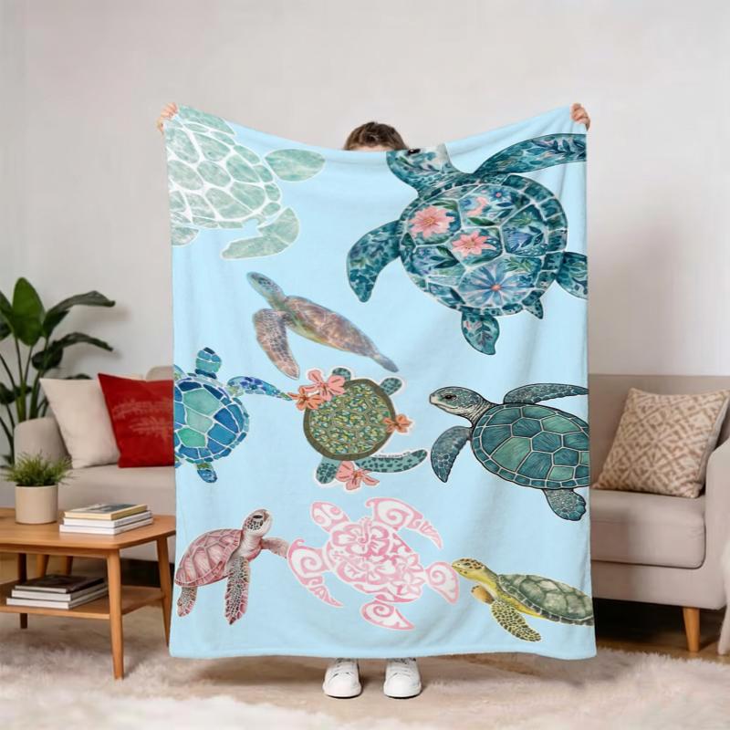 Dark Blue Dual Turtle Blue Hibiscus Fleece Blanket For Elegant Bedroom Decor Lightweight Plush Throw Blanket Cover