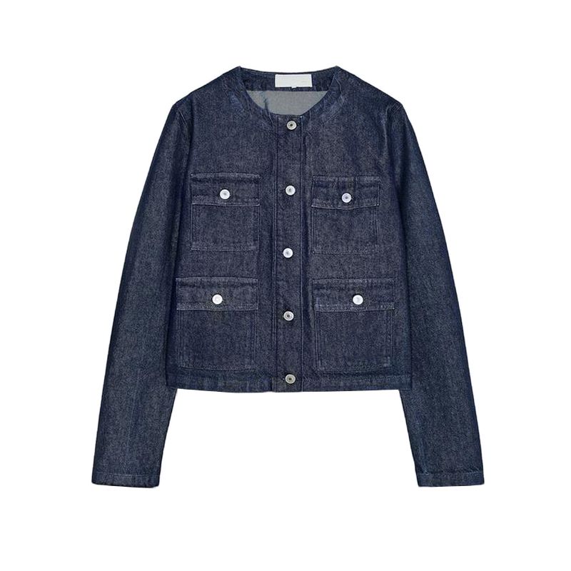 Spring New Women's Clothing Denim Shorts 6929001 Pocket round Neck Long Sleeves Denim Outwear 6929073