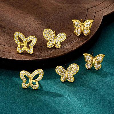 Luxury Full Diamond Butterfly Stud Earrings, Trendy Gold Jewelry for Women, Long-Lasting Color