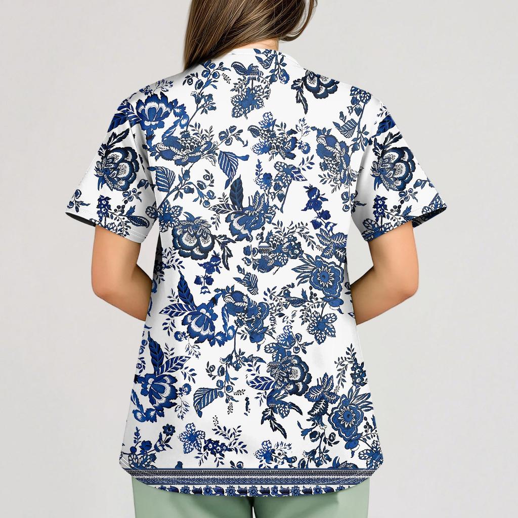 Nadměrná velikost Potištěný pracovní oděv Halenky pro dámský překřížený výstřih do V Potisk Krátký rukáv Zábavná trička Pracovní oděv Tričko s kapsami