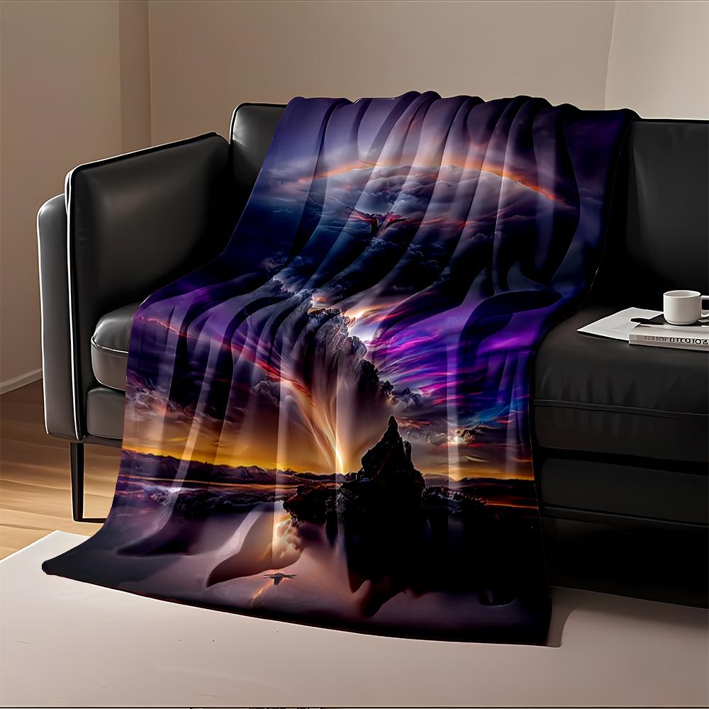 Fantasy Sky with Flying Figure and Aurora Flannel blanket for bedroom, living room, sofa, and nap sofas