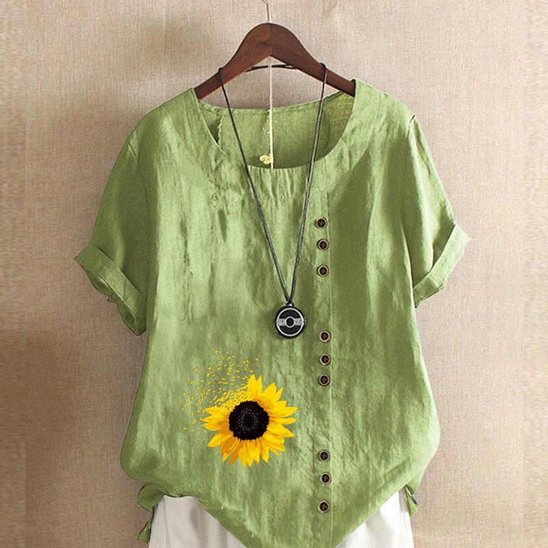 Damenmode Sonnenblumen-Print Kurzarm-T-Shirt Locker Baumwollhemd Lässig Locker Sommerbluse Tops Übergröße