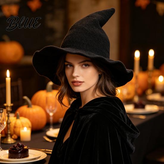 Cotton Knitted Wizard Hat Women Pointed Witch Hat Foldable Wide Brim Cap Halloween for Cosplay Autumn Winter Themed Party Costume Accessory