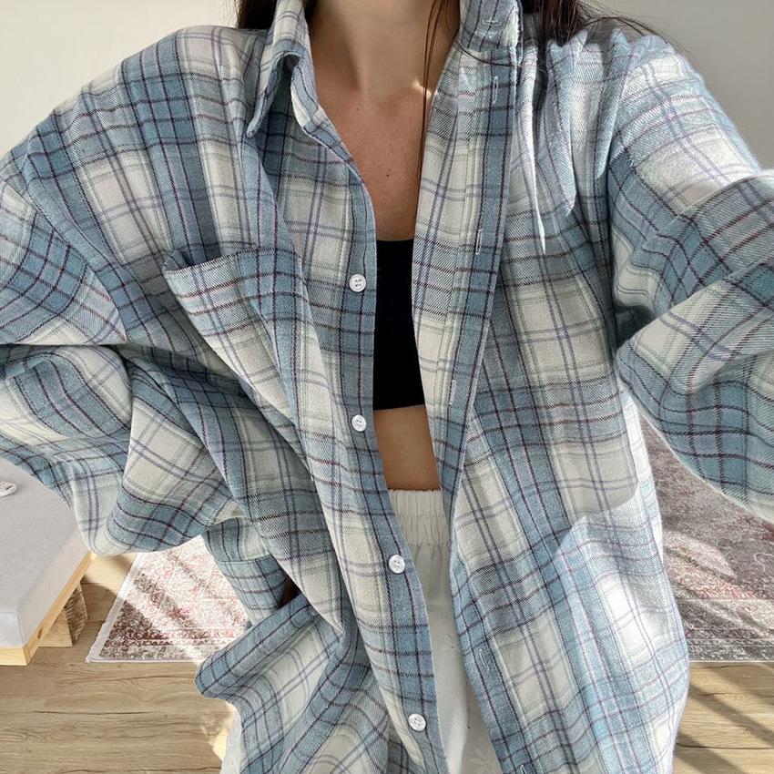 Classic lapel long-sleeved plaid women's casual loose shirt 1116 spring European and American fashion new women's top