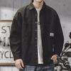 Autumn New Loose Casual American Vintage Work Jacket Men Solid Square Neck Button Pocket Badge Patchwork Long Sleeved Shirt
