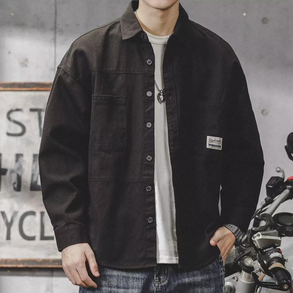 Autumn New Loose Casual American Vintage Work Jacket Men Solid Square Neck Button Pocket Badge Patchwork Long Sleeved Shirt