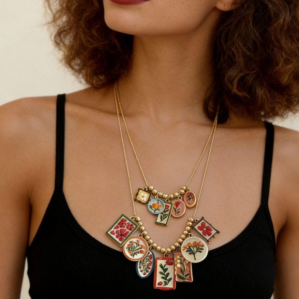 Metal Chain Enamel Floral Necklace Layered Charm Flower Pendant Necklace Ethnic Style Exaggerated Beads Clavicle Chain Gift