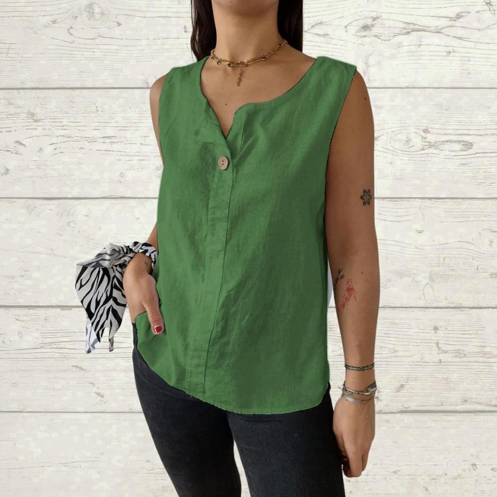 Women's Fashion Loose-Fit V-Neck Cotton-Linen Blend Sleeveless Button-Up Top
