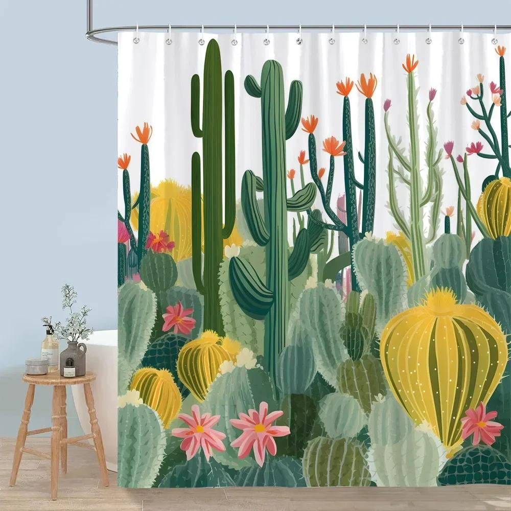 

Cactus Watercolour Print Shower Curtain Desert Green Plants Rustic Planks Bohemian Vintage Shower Curtains Bathroom Home Decor W60H190(CM)-1 Pcs