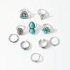 Wind Imitation Turquoise Ring Set, Creative Bull Head Flower Feather Multi-element Turquoise Ring 10-piece Set for Women