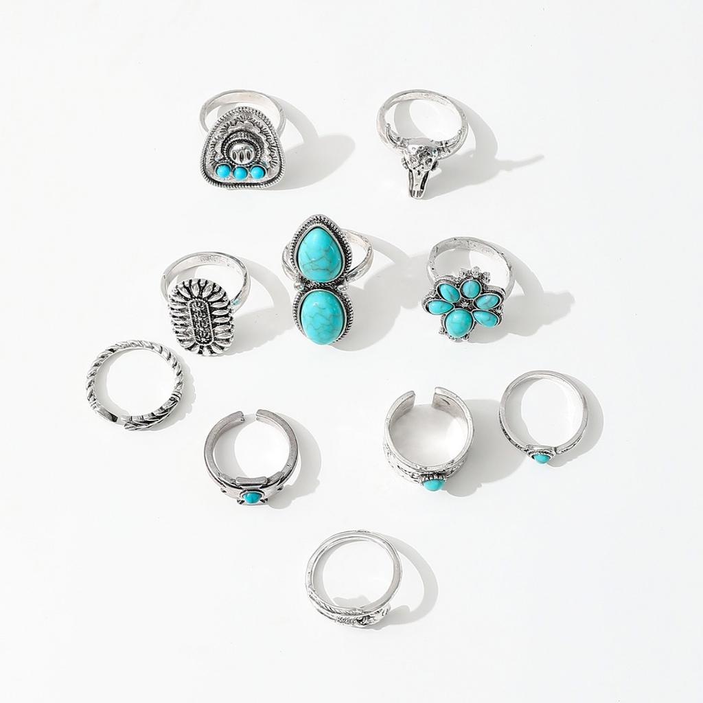 Wind Imitation Turquoise Ring Set, Creative Bull Head Flower Feather Multi-element Turquoise Ring 10-piece Set for Women
