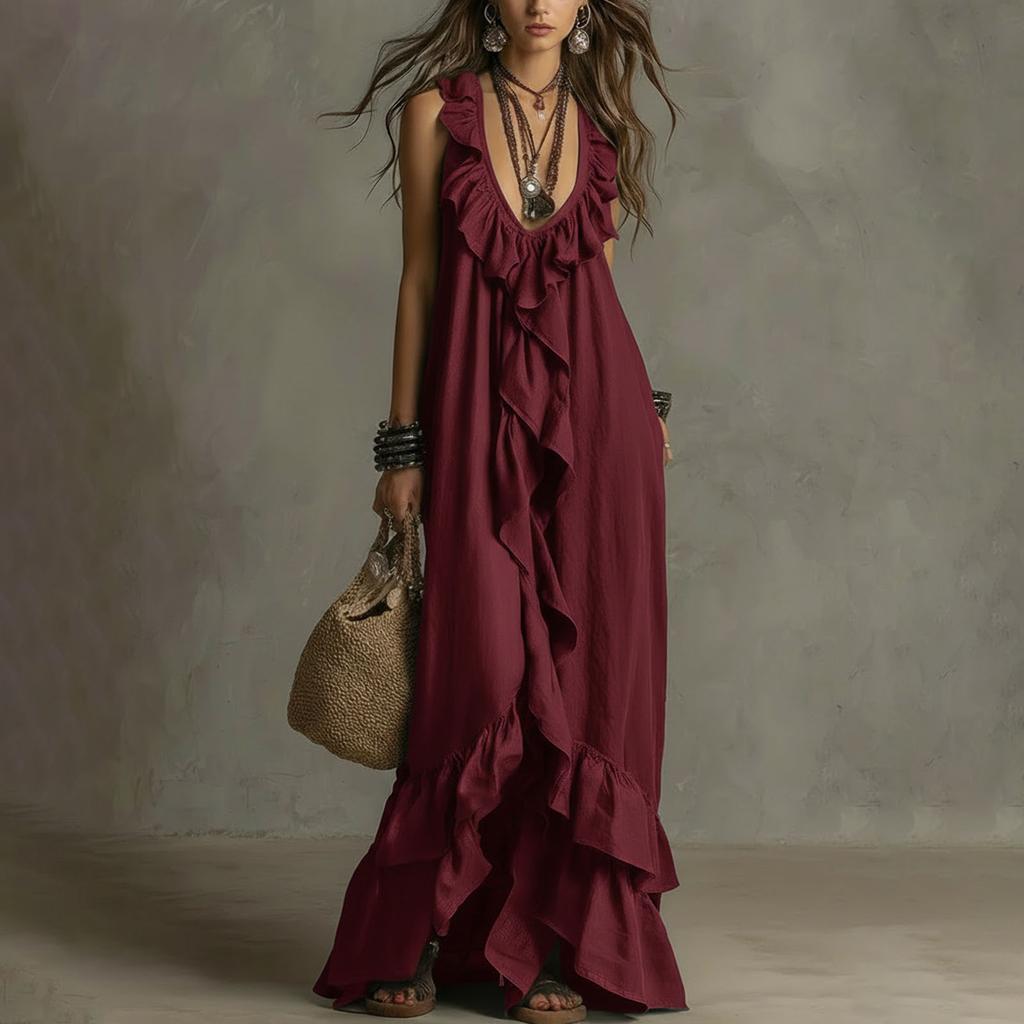Women's New Summer Casual Boho Vintage Dress, V-Neck Short Sleeve With Ruffle Hem