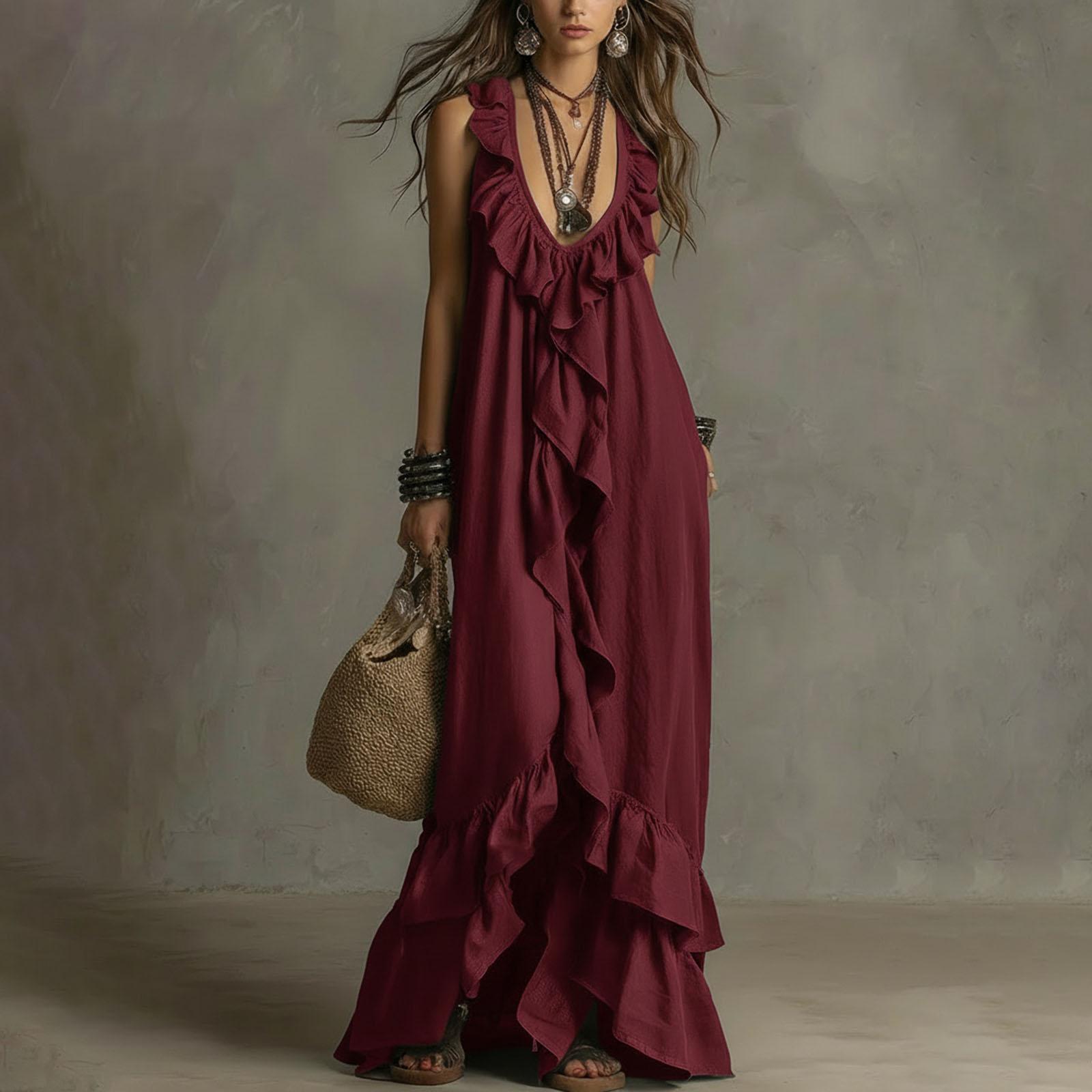 Rochie Casual Boho Vintage Nouă de Vară pentru Femei, Decolteu în V, Mânecă Scurtă cu Tiv Volane M vin