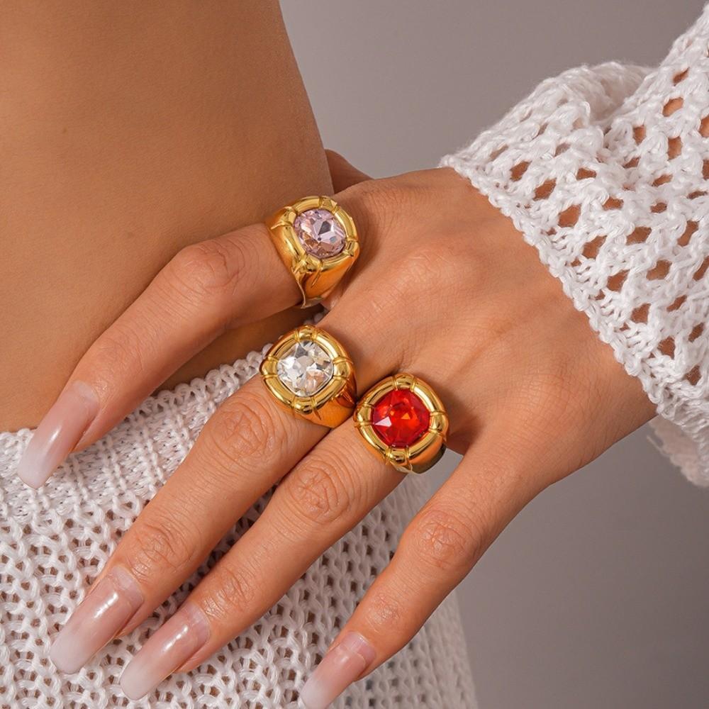 Stainless Steel Square Crystal Ring Zircon Exaggerated Ring  Gift for Girlfriend