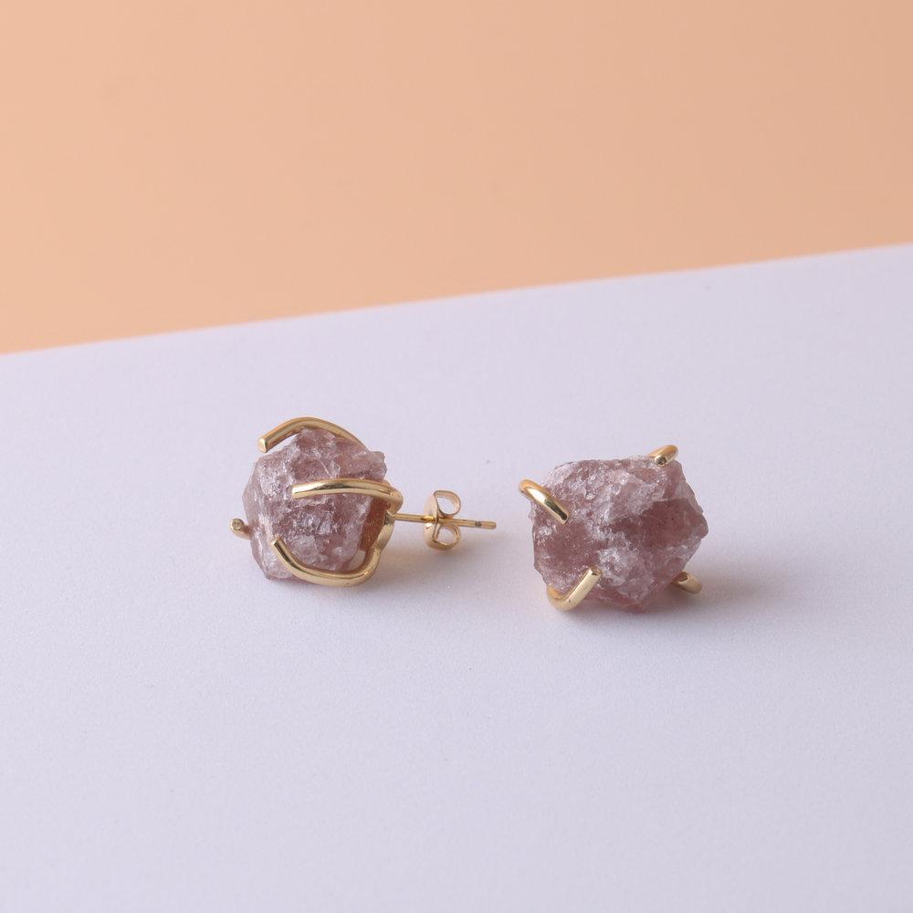 Natural Gemstone Earrings for Women - 18K Gold Plated Raw Amethyst and Rose Quartz Healing Crystal Stud Earrings