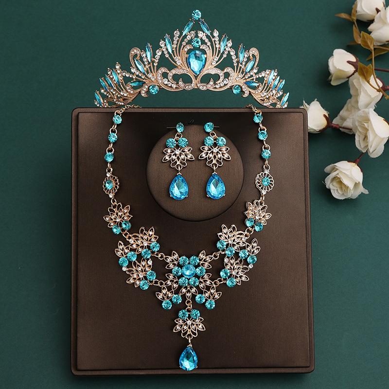 DIEZI Korean Sky Blue Crystal Crown Women Girls Headwear Luxury Bridal Bride Tiaras Necklace Earrings Wedding Party Jewelry Sets