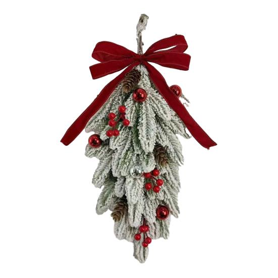 Holiday Gift for Home Flocked Christmas Teardrop Swag Front Door, Artificial Pine with Red Decorative Hanging Wreath Wall Berries Velvet Bow,
