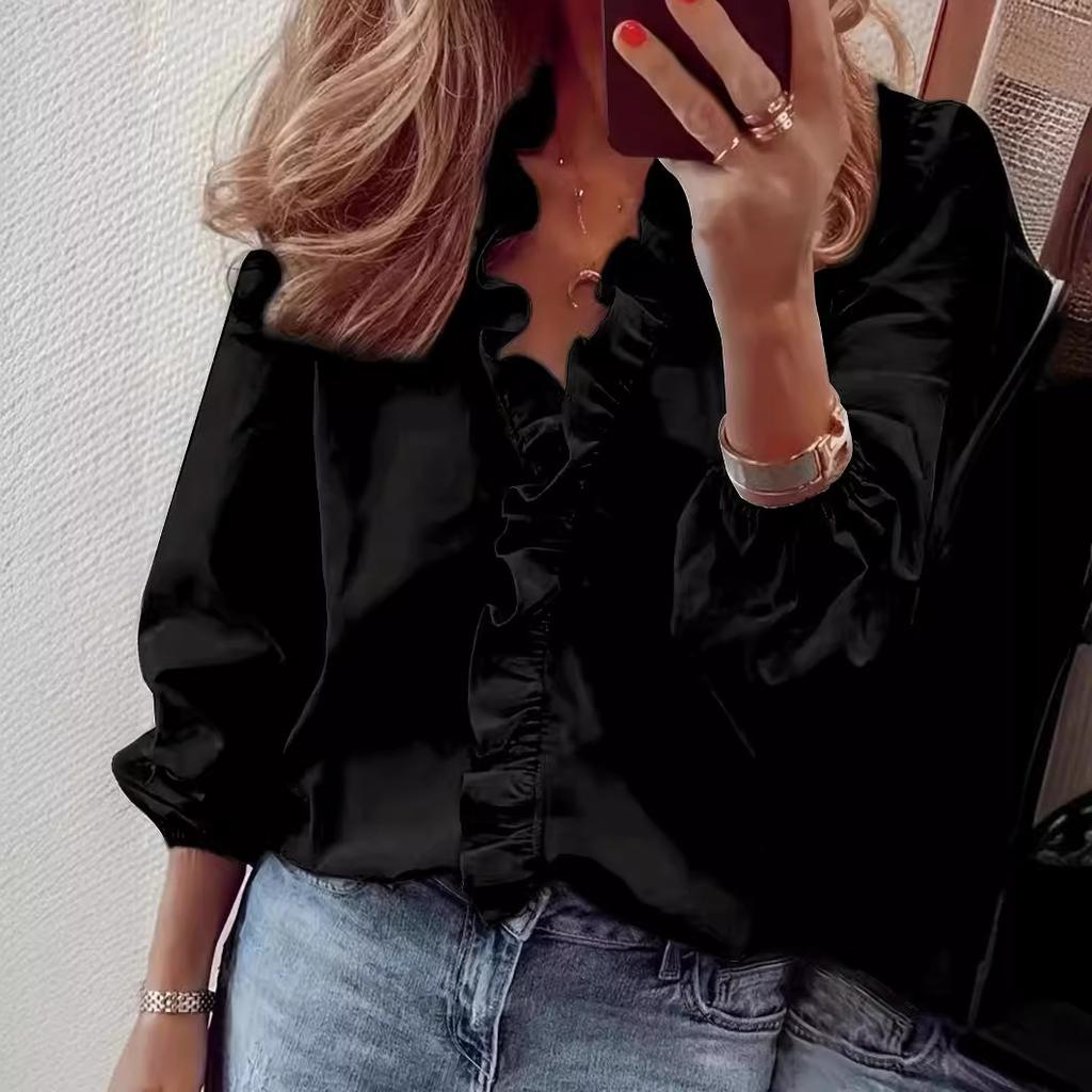 women's Loose Ruffled V Neck Blouse Solid Color Long Sleeve Shirt Elegant Commute Casual Wear Tops