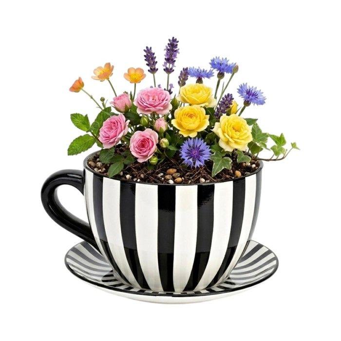 Pot décoratif - EDEN - Tasse rayée - Céramique - Rayé noir et blanc - 23×26×14 cm