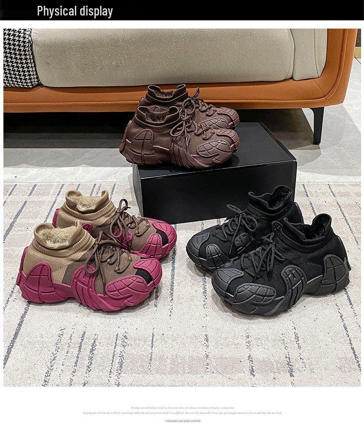 Dámské bavlněné pletené tenisky s fleecovou podšívkou a silnou podrážkou: Boty ve stylu ležérních ponožek pro plnoštíhlé