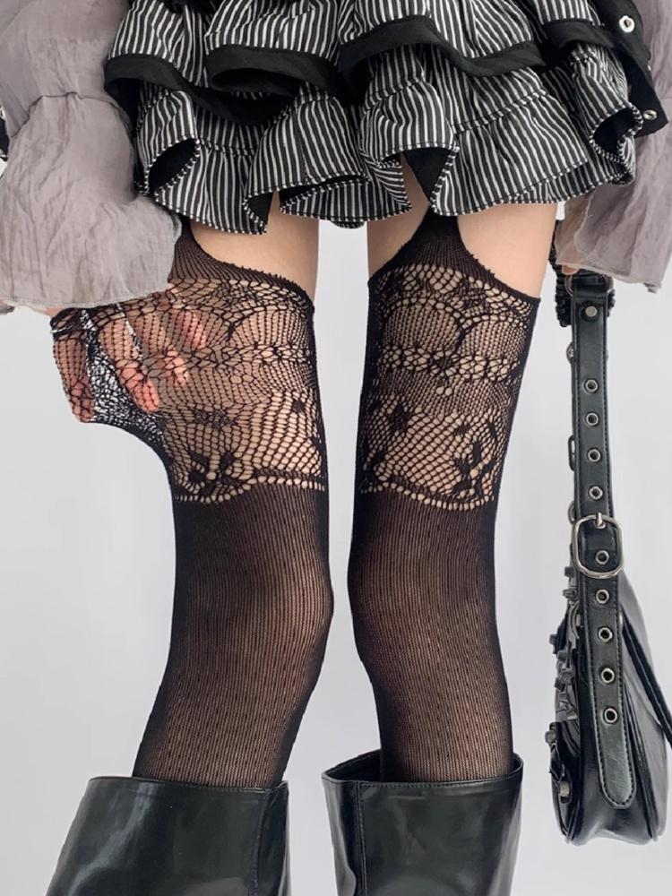 New Design Print Garter Belt Fishnet Stockings Sexy Women Hollow Thigh High Socks Suspender Punk Spicy Girls Mesh Overknee Socks