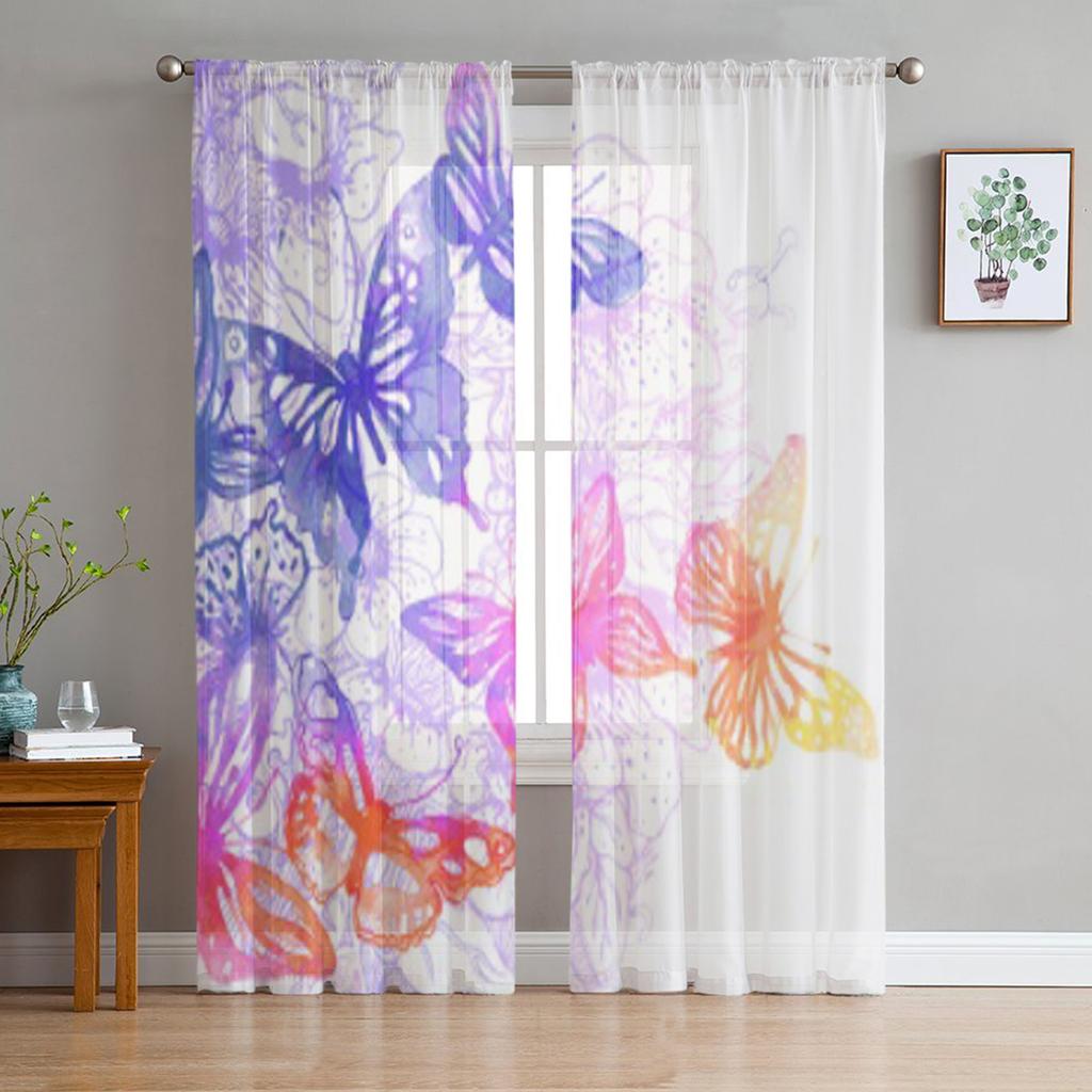 Butterflies And Flowers Painted Watercolors Tulle Sheer Curtains for Living Room Kitchen Decoration Voile Organza Curtains