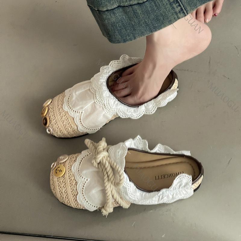 Fashion Women Casual Flats 2025 Summer New Lace Weave Breathable Straw Slippers Outdoor Fashion Bow-knot Comfortable Mules Half Slipper
