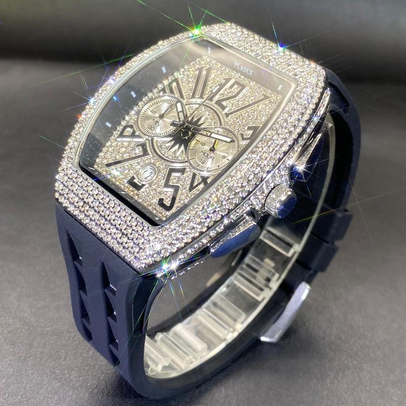 Full Diamond Hip Hop Wine Barrel Multifunctional Chronograph Large Dial Silicone Strap Watch