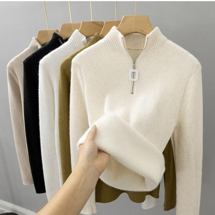 

Женский цельный свитер на флисовой подкладке: Трикотаж на молнии с полувысоким воротником для многослойности осенью и зимой. One Size [80-120 jin] абрикосовый