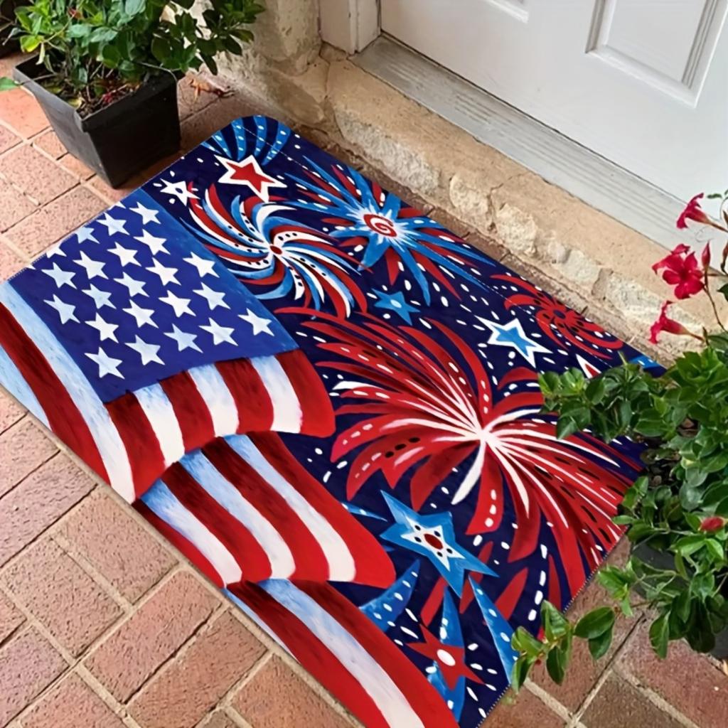 A Patriotic Door Mat Featuring a Independence Day Design with Elements Like The National Flag And Fireworks, Made of Washable