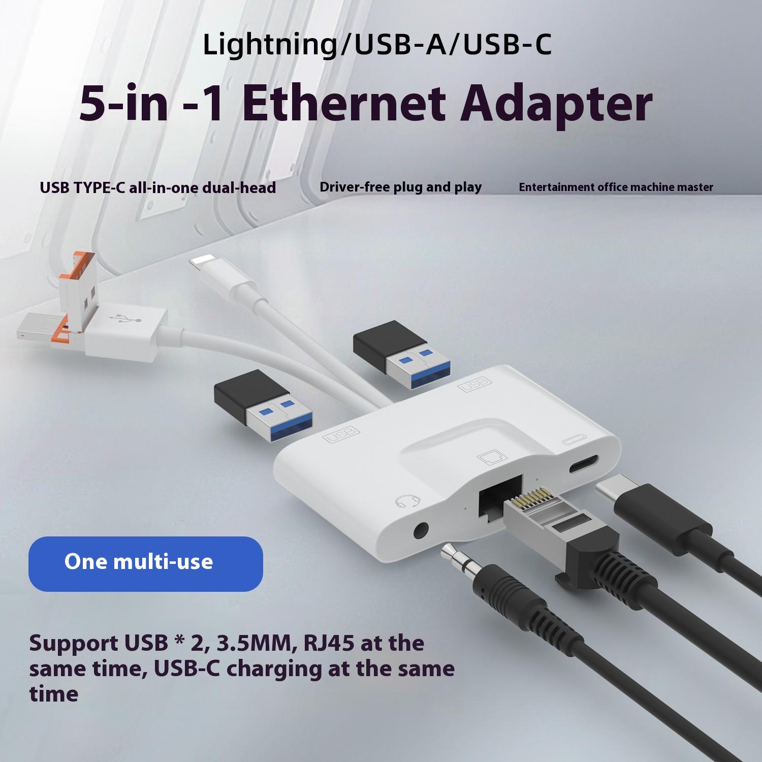 

NK1033TL Pro USB+Type-C+iP to Dual USB 2.0/USB-C/3.5mm/Ethernet Adapter for Laptop Tablet Smartphone As Shown A