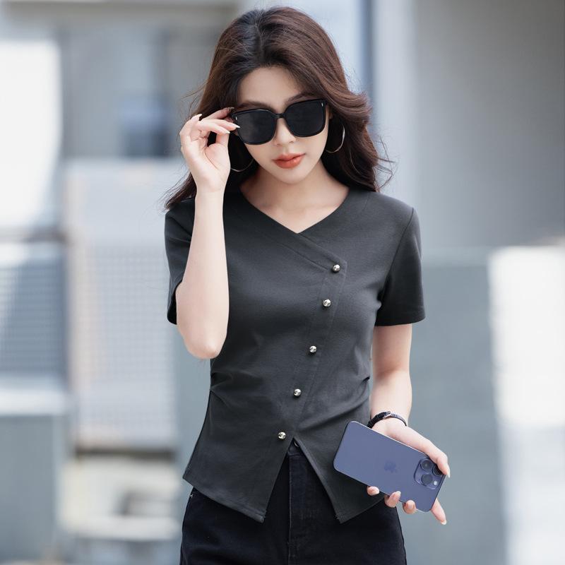 

Женский летний новый топ высокого класса с V-образным вырезом и короткими рукавами и неровным подолом 3XL темно-серого