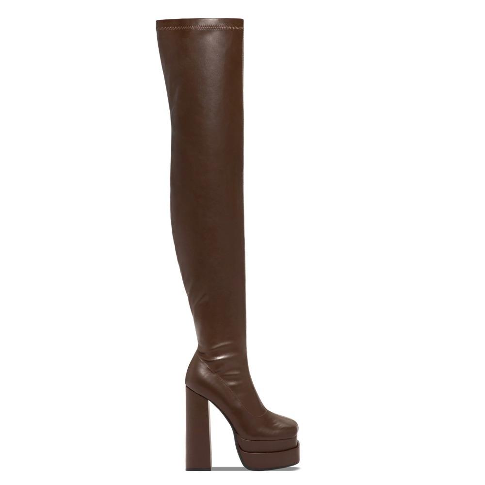 Sexy Women Over The Knee Boots Girls High Heel Boots Pleated Patent Leather Motorcycle Square Toe Zip Shoes 43 коричневый 6760₽