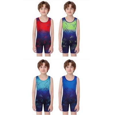 Boys Cycling Workout Bodysuit: U Neck Sleeveless Geometric Print Singlet for Wrestling Exercise Training