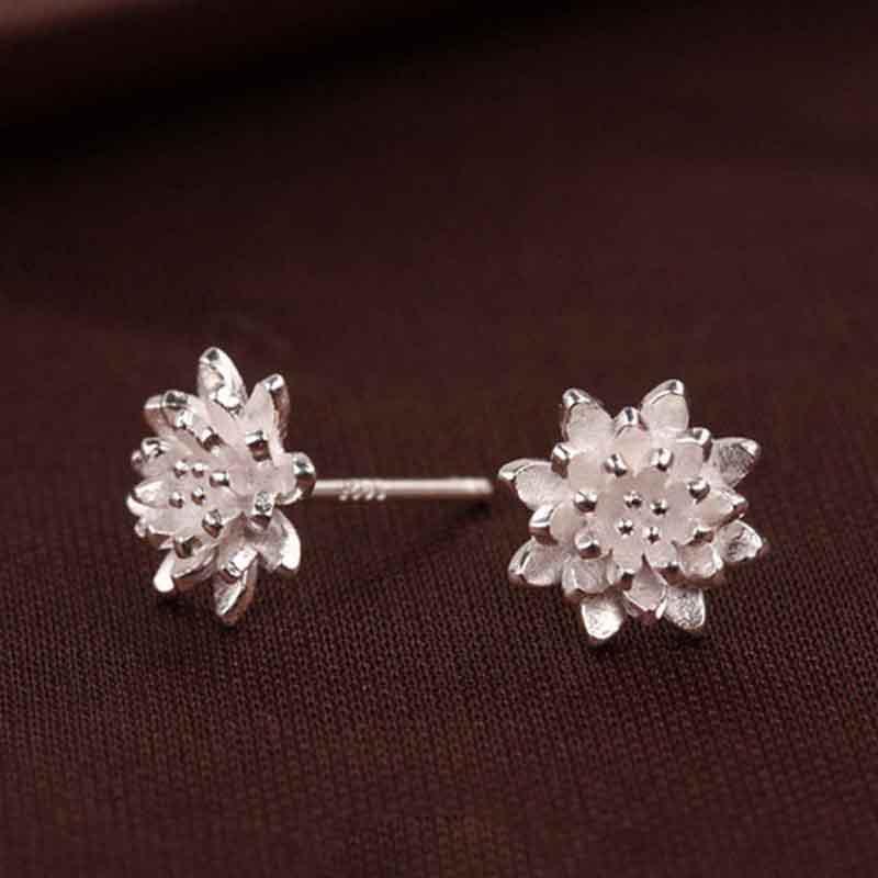 Delicate Women's Silver Plated Lotus Flower Ear Stud Earrings For Effortless Style