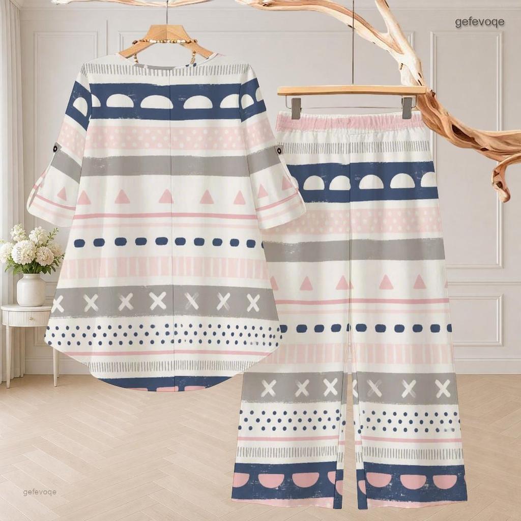 Women Plus Size Printed Two Piece Set Round Neck 3 4 Sleeve High Low Top Wide Leg Pants