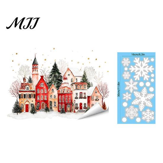 Indoor Outdoor Glass Decor Christmas Static Window Clings, Snowy Town House Snowflake Decals, Reusable Stickers Xmas Stickers, Holiday for Home